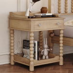 Retro Style Nightstand with Drawer and Open Shelf, Bedside Table with Turned Legs and Metal Handle - Image 2
