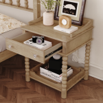 Retro Style Nightstand with Drawer and Open Shelf, Bedside Table with Turned Legs and Metal Handle - Image 4