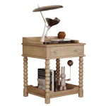 Retro Style Nightstand with Drawer and Open Shelf, Bedside Table with Turned Legs and Metal Handle